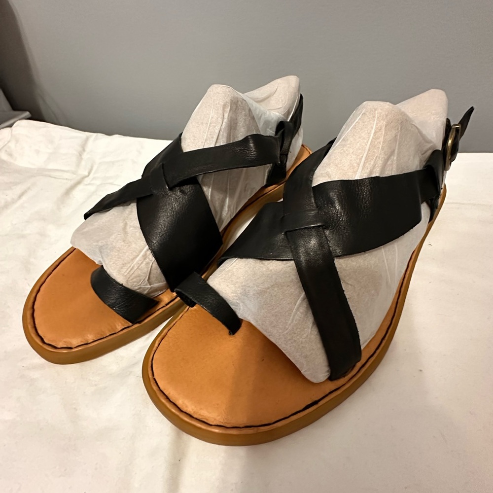 Born Black Leather Cross-Strap Sandals with Tan Footbed